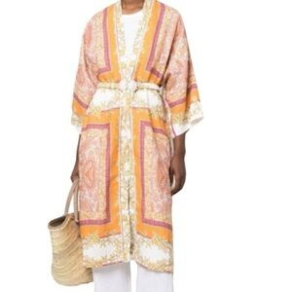 Magaschoni 100% Linen Paisley Scarf Print Kimono Cardigan Wrap Cover Up